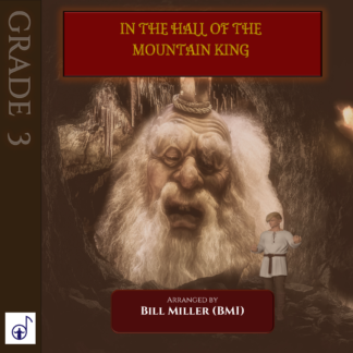 Fantasy album cover with a towering horned troll looming in a mountain hall, a small adventurer Peer Gynt at his feet, and the title 'In the Hall of the Mountain King' at top center.] ,